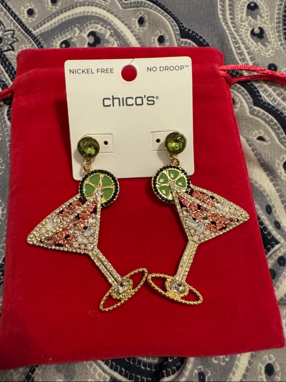 Chico's Gold-Tone Martini Drop Earrings with Green and Pink Accents